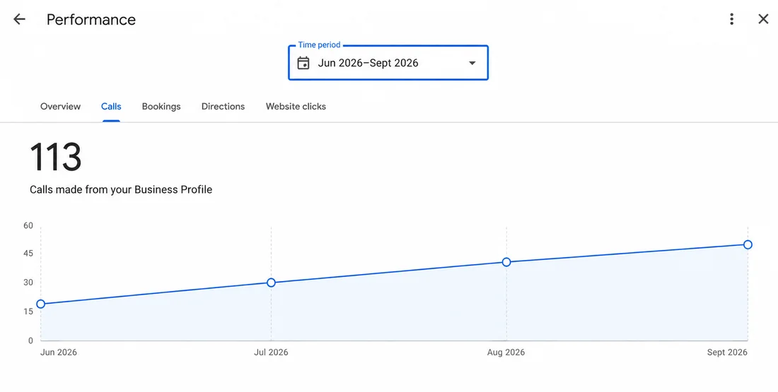 Google Business Profile performance screenshot showing 113 calls made from the Business Profile between June and September 2026.